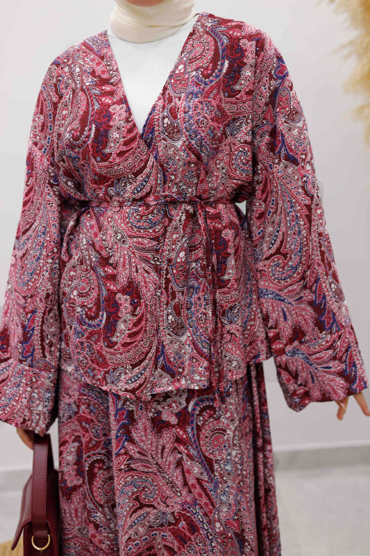 Desenli İp Bağlamalı Etekli Takım TSD250259 Bordo - 5