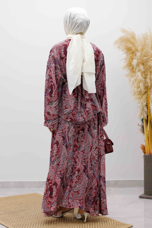 Desenli İp Bağlamalı Etekli Takım TSD250259 Bordo - 6