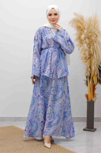 Desenli İp Bağlamalı Etekli Takım TSD250259 Mavi 