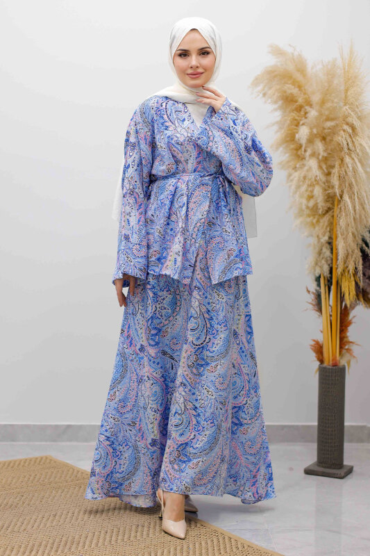 Desenli İp Bağlamalı Etekli Takım TSD250259 Mavi - Tesettür Dünyası