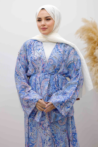 Desenli İp Bağlamalı Etekli Takım TSD250259 Mavi - 2