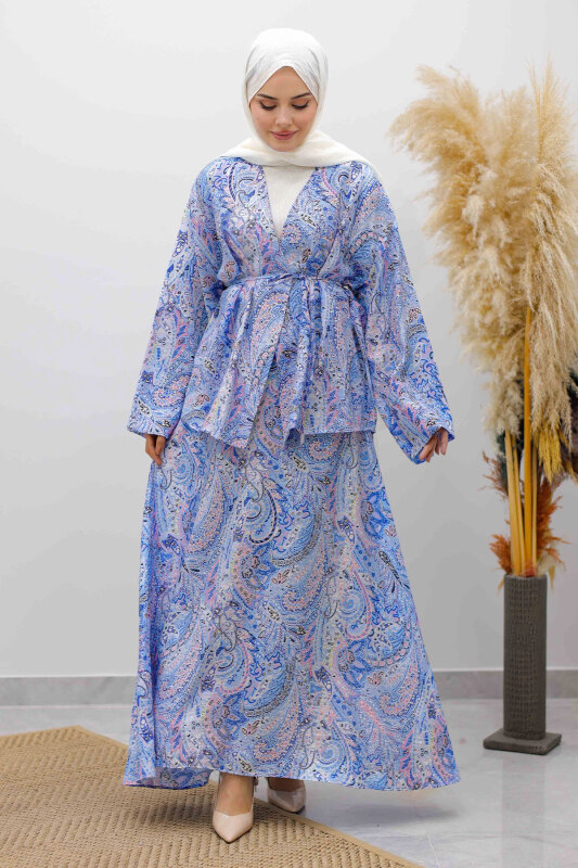 Desenli İp Bağlamalı Etekli Takım TSD250259 Mavi - 3