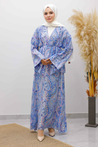 Desenli İp Bağlamalı Etekli Takım TSD250259 Mavi - 4