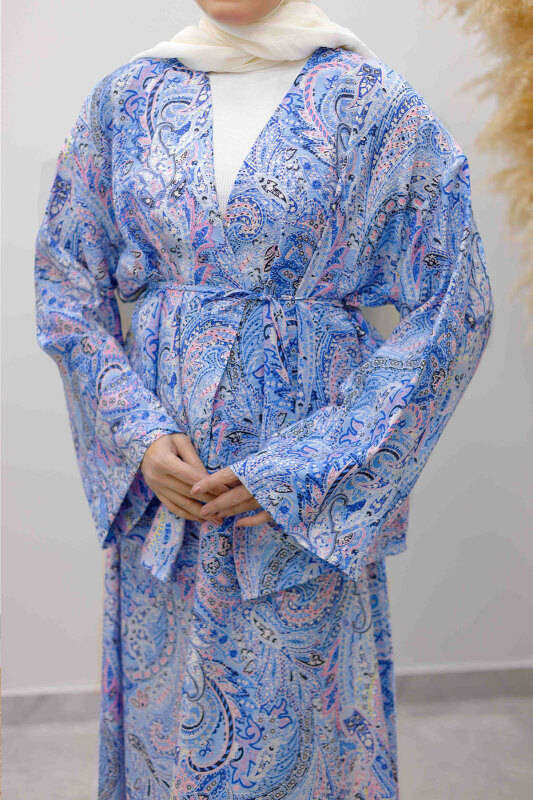 Desenli İp Bağlamalı Etekli Takım TSD250259 Mavi - 5