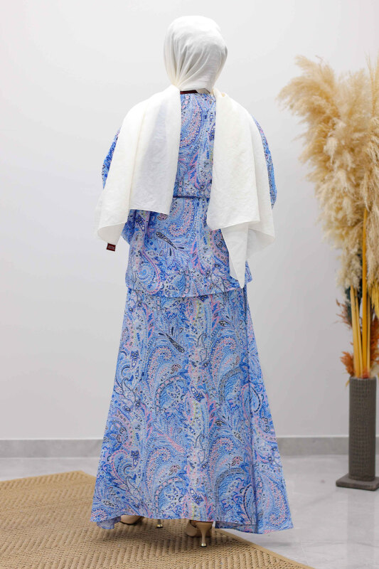 Desenli İp Bağlamalı Etekli Takım TSD250259 Mavi - 6