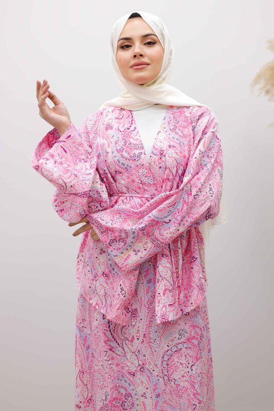 Desenli İp Bağlamalı Etekli Takım TSD250259 Pembe - Tesettür Dünyası (1)
