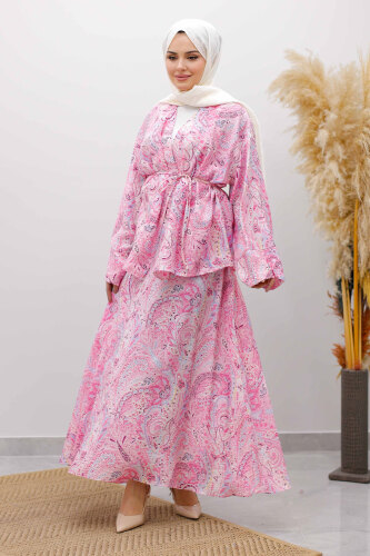 Desenli İp Bağlamalı Etekli Takım TSD250259 Pembe - 3