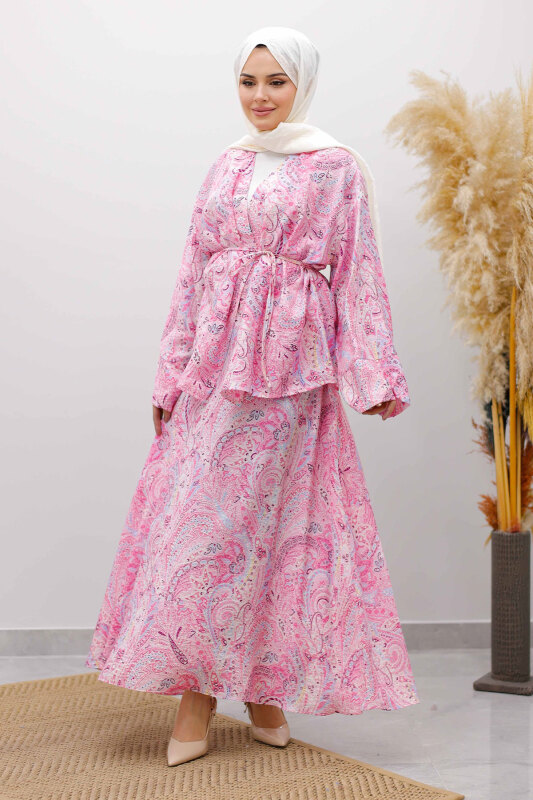 Desenli İp Bağlamalı Etekli Takım TSD250259 Pembe - 3