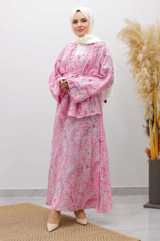 Desenli İp Bağlamalı Etekli Takım TSD250259 Pembe - 4