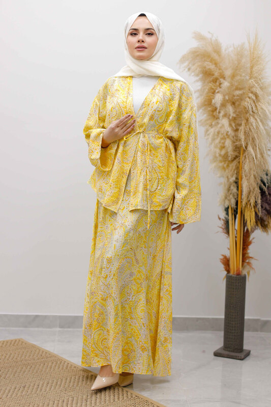 Desenli İp Bağlamalı Etekli Takım TSD250259 Sarı - Tesettür Dünyası