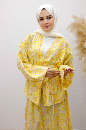 Desenli İp Bağlamalı Etekli Takım TSD250259 Sarı - 2