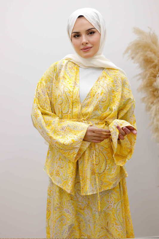 Desenli İp Bağlamalı Etekli Takım TSD250259 Sarı - Tesettür Dünyası (1)