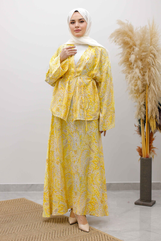 Desenli İp Bağlamalı Etekli Takım TSD250259 Sarı - 3