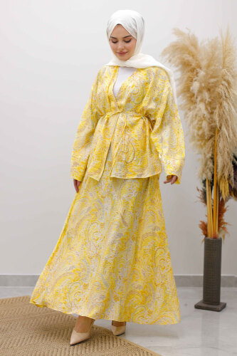 Desenli İp Bağlamalı Etekli Takım TSD250259 Sarı - 4