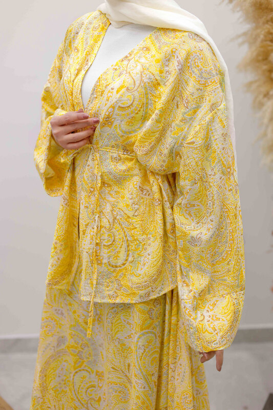 Desenli İp Bağlamalı Etekli Takım TSD250259 Sarı - 5