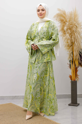 Desenli İp Bağlamalı Etekli Takım TSD250259 Yeşil 