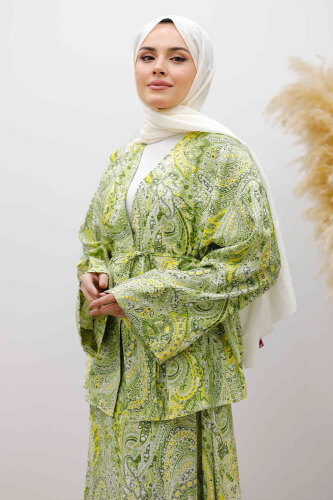 Desenli İp Bağlamalı Etekli Takım TSD250259 Yeşil - 2