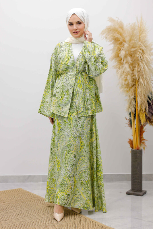 Desenli İp Bağlamalı Etekli Takım TSD250259 Yeşil - 3