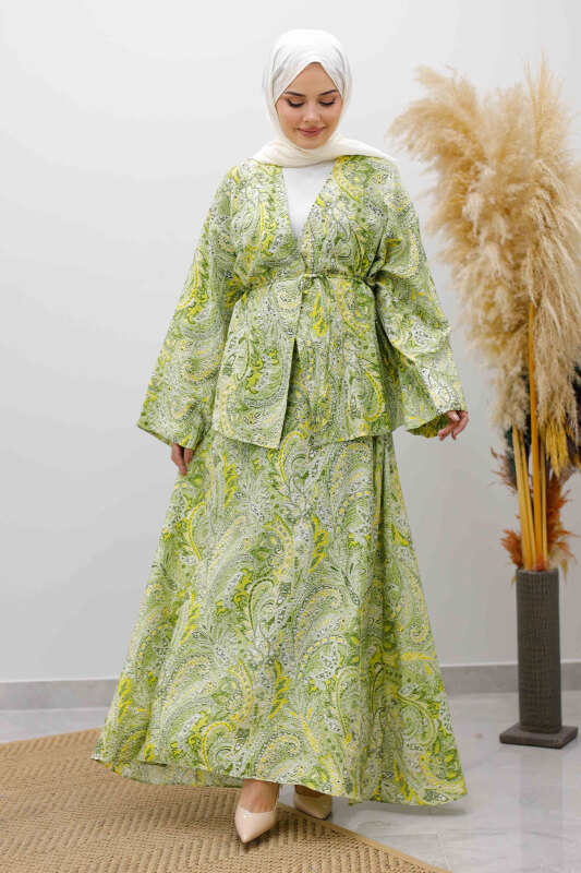 Desenli İp Bağlamalı Etekli Takım TSD250259 Yeşil - 4