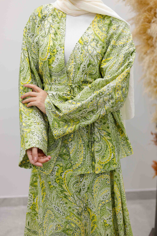 Desenli İp Bağlamalı Etekli Takım TSD250259 Yeşil - 5