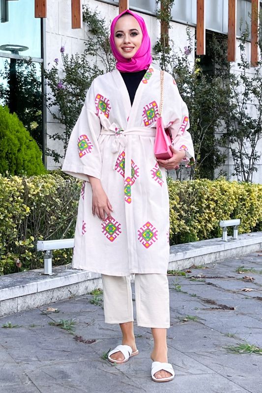 Desenli Kimono TSD220852 Fuşya - 1