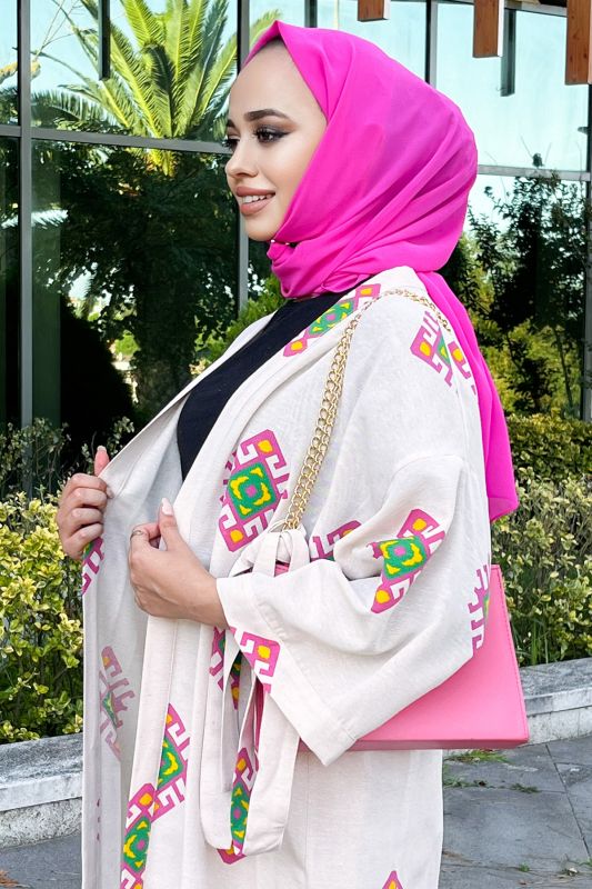 Desenli Kimono TSD220852 Fuşya - 4