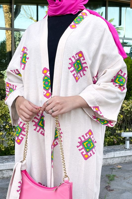 Desenli Kimono TSD220852 Fuşya - 2