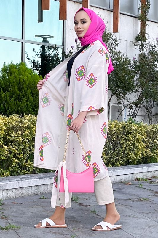 Desenli Kimono TSD220852 Fuşya - 3