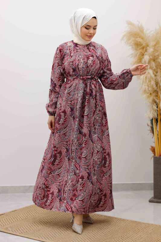 Desenli Robalı Elbise TSD250267 Bordo - TESETTÜR DÜNYASI