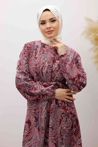 Desenli Robalı Elbise TSD250267 Bordo - 2