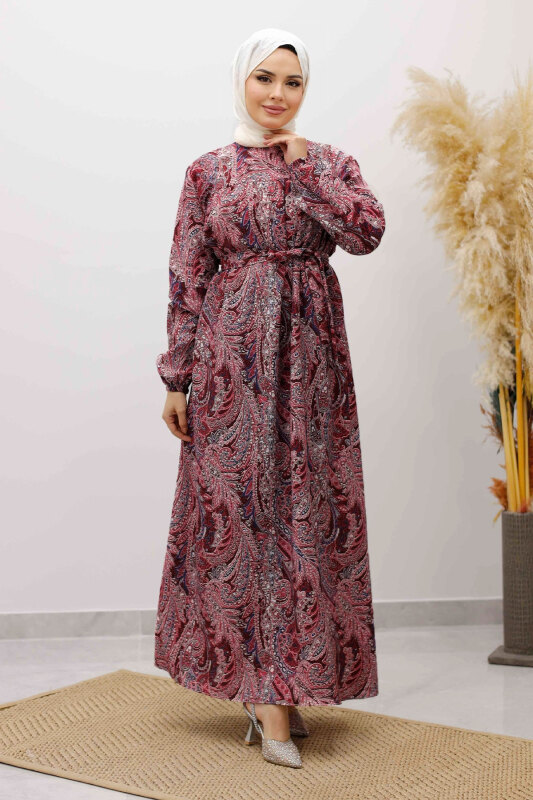 Desenli Robalı Elbise TSD250267 Bordo - 3