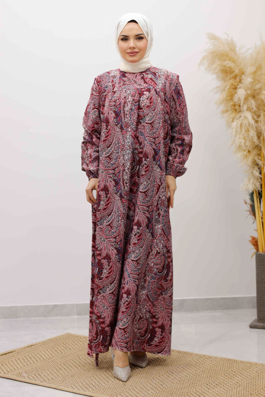 Desenli Robalı Elbise TSD250267 Bordo - 4
