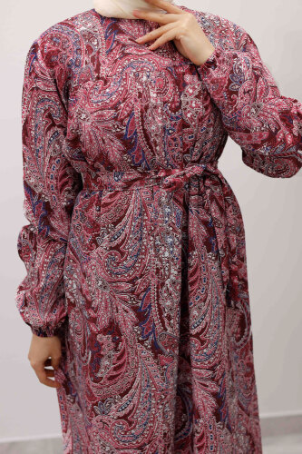 Desenli Robalı Elbise TSD250267 Bordo - 5