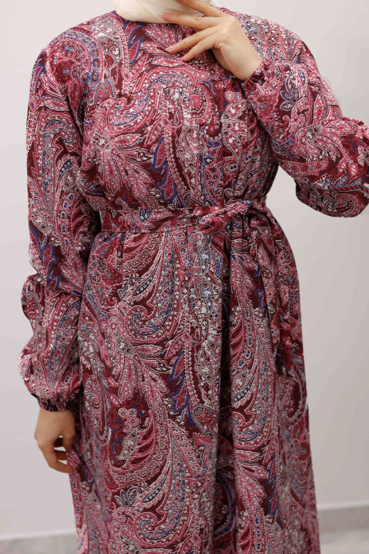 Desenli Robalı Elbise TSD250267 Bordo - 5