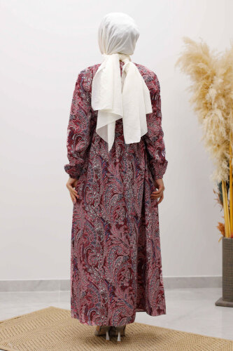 Desenli Robalı Elbise TSD250267 Bordo - 6