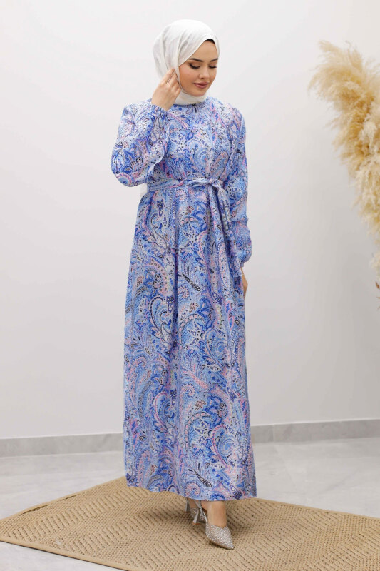 Desenli Robalı Elbise TSD250267 Mavi - TESETTÜR DÜNYASI