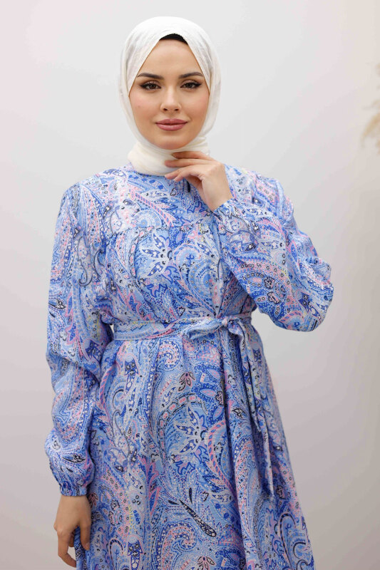 Desenli Robalı Elbise TSD250267 Mavi - TESETTÜR DÜNYASI (1)