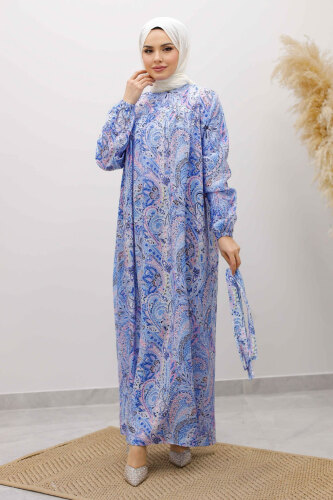 Desenli Robalı Elbise TSD250267 Mavi - 3