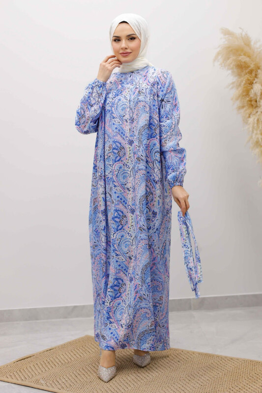 Desenli Robalı Elbise TSD250267 Mavi - 3