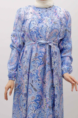 Desenli Robalı Elbise TSD250267 Mavi - 4