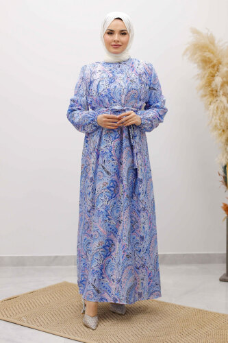 Desenli Robalı Elbise TSD250267 Mavi - 5