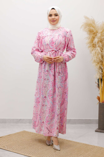 Desenli Robalı Elbise TSD250267 Pembe 