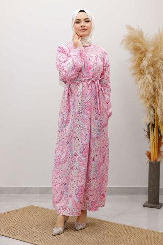 Desenli Robalı Elbise TSD250267 Pembe - 5