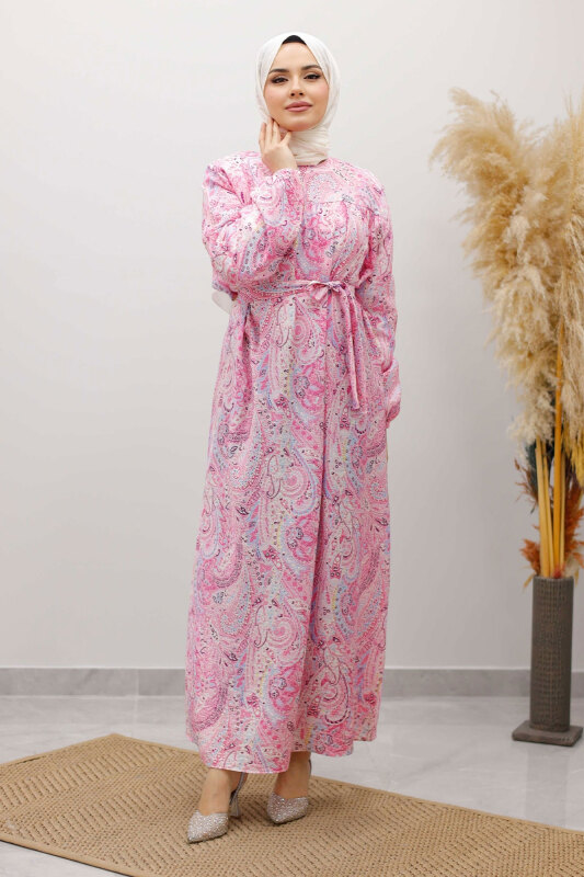 Desenli Robalı Elbise TSD250267 Pembe - 5