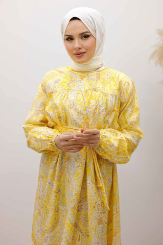 Desenli Robalı Elbise TSD250267 Sarı - 2