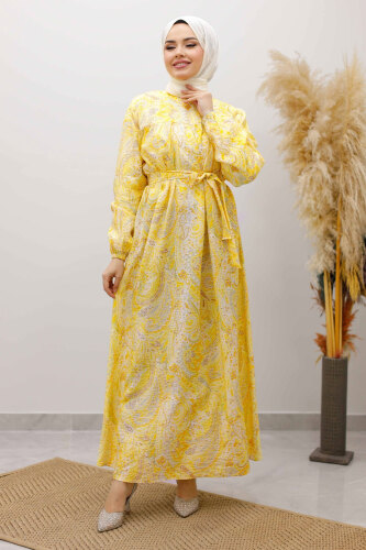 Desenli Robalı Elbise TSD250267 Sarı - 3