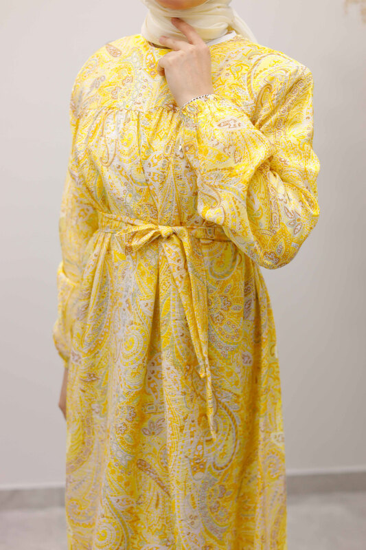 Desenli Robalı Elbise TSD250267 Sarı - 4