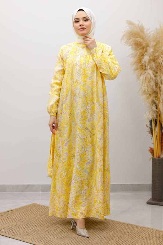 Desenli Robalı Elbise TSD250267 Sarı - 5