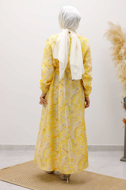 Desenli Robalı Elbise TSD250267 Sarı - 6