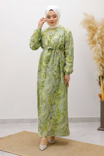 Desenli Robalı Elbise TSD250267 Yeşil - 5